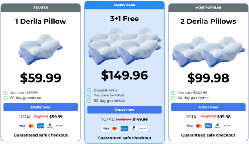 Derila Ergo pillow pricing table showing single package bundle deal and family pack promotion